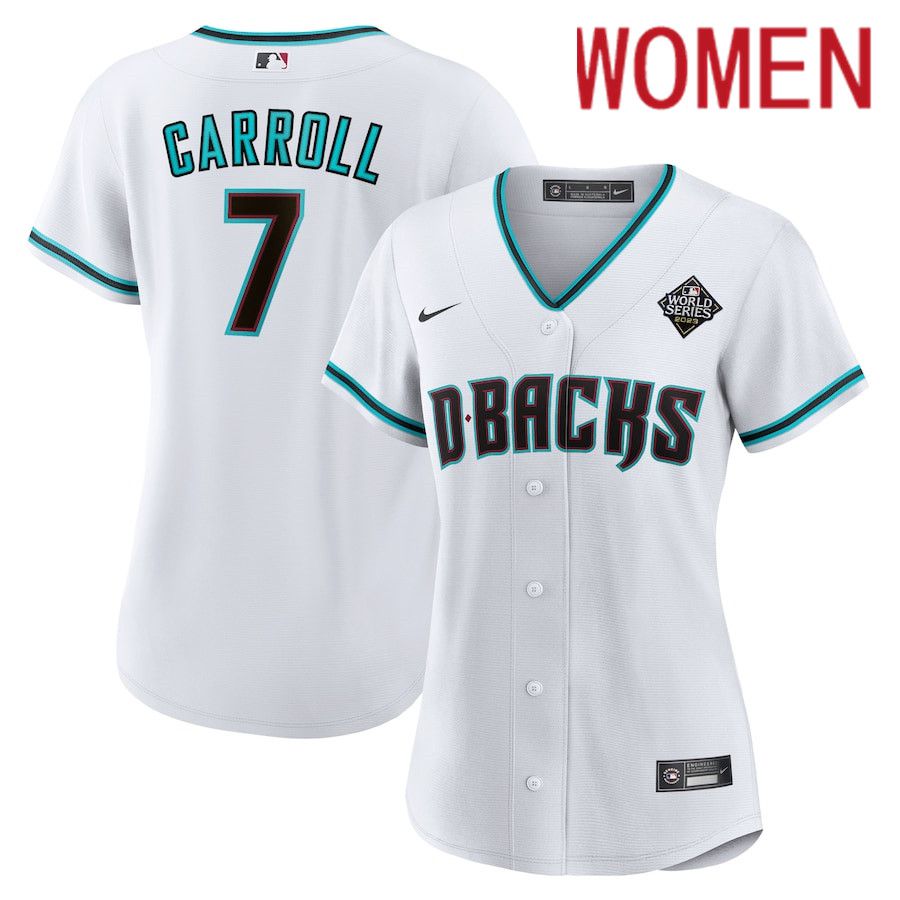 Women Arizona Diamondbacks #7 Corbin Carroll Nike White 2023 World Series Replica Player MLB Jersey